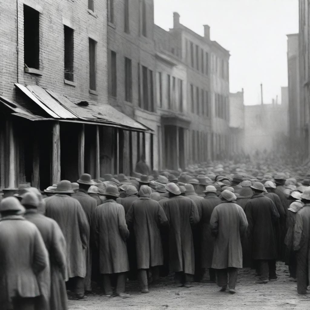 A historical depiction of the Great Depression, showing people in worn-out clothing standing in long lines for food, with a backdrop of dilapidated buildings and a sense of economic hardship