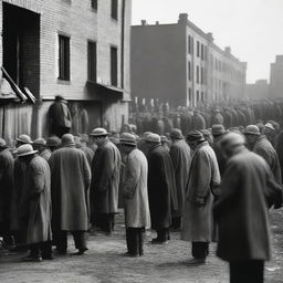 A historical depiction of the Great Depression, showing people in worn-out clothing standing in long lines for food, with a backdrop of dilapidated buildings and a sense of economic hardship