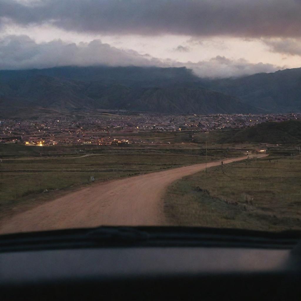 A late evening rear view shot from inside a car, leaving Cusco and driving towards a distant village, as night gradually descends.