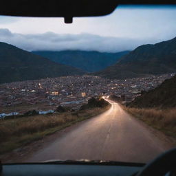 A late evening rear view shot from inside a car, leaving Cusco and driving towards a distant village, as night gradually descends.