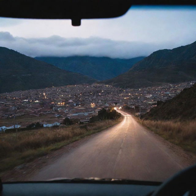 A late evening rear view shot from inside a car, leaving Cusco and driving towards a distant village, as night gradually descends.