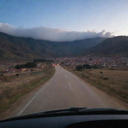 A late evening rear view shot from inside a car, leaving Cusco and driving towards a distant village, as night gradually descends.