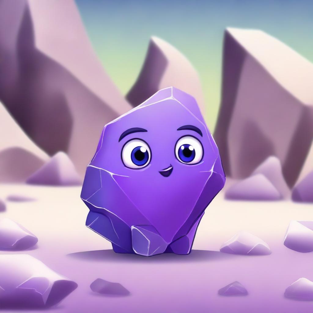A highly detailed and realistic depiction of an amethyst rock transformed into a cute character