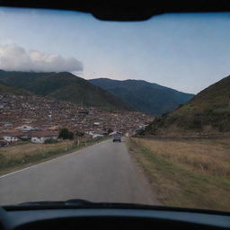 A late evening rear view shot from inside a car, leaving Cusco and driving towards a distant village, as night gradually descends.