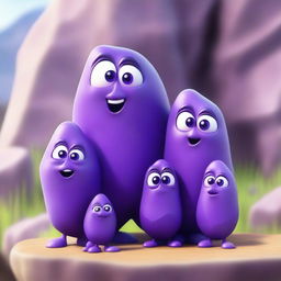 A highly detailed and realistic depiction of an amethyst rock character together with its family