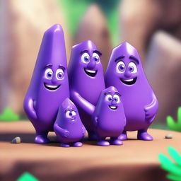 A highly detailed and realistic depiction of an amethyst rock character together with its family