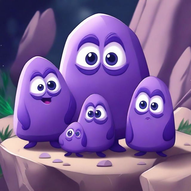 A highly detailed and realistic depiction of an amethyst rock character together with its family