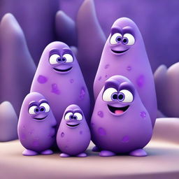 A highly detailed and realistic depiction of an amethyst rock character together with its family