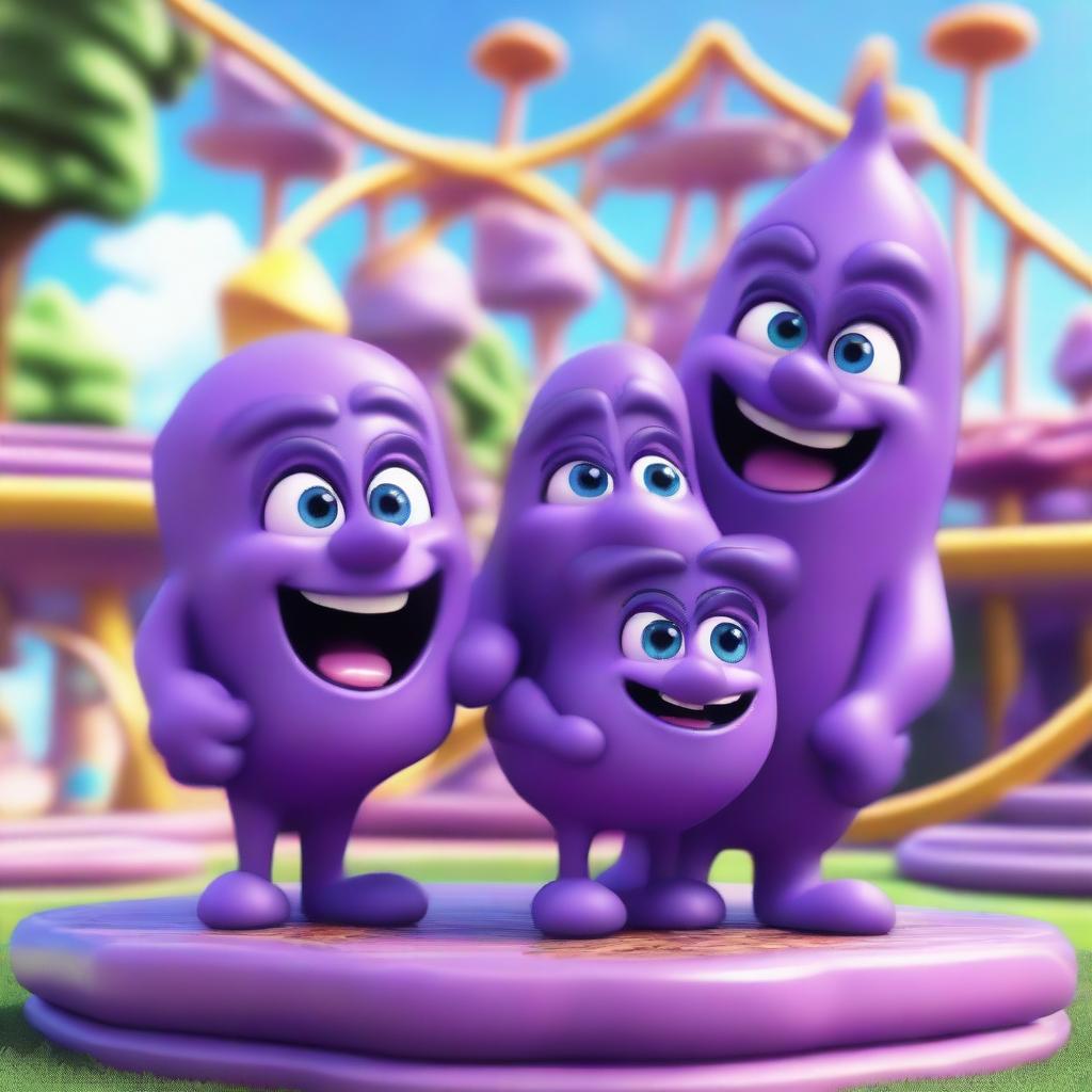 A highly detailed and realistic depiction of an amethyst rock character family at an amusement park made of precious stones