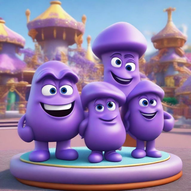 A highly detailed and realistic depiction of an amethyst rock character family at an amusement park made of precious stones