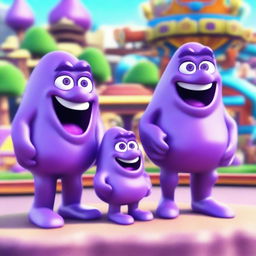 A highly detailed and realistic depiction of an amethyst rock character family at an amusement park made of precious stones