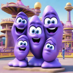 A highly detailed and realistic depiction of an amethyst rock character family at an amusement park made of precious stones