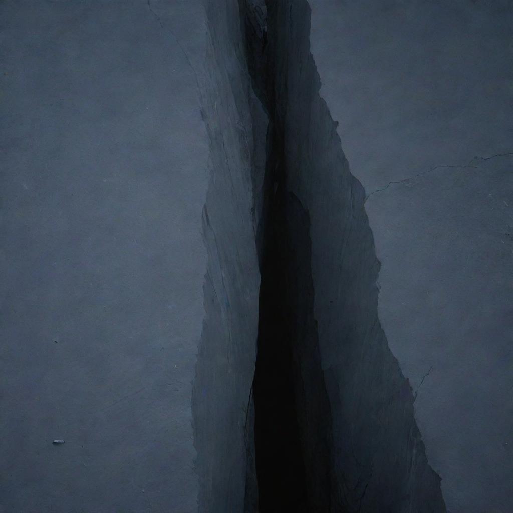 Vertical fracture resembling a deep and narrow chasm, demonstrating sharp and jagged edges in a stark landscape.