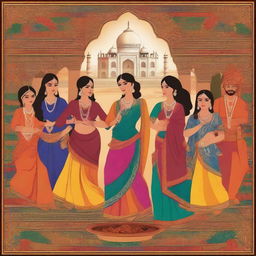 A vibrant and colorful depiction of traditional Indian culture, featuring people in traditional attire, intricate patterns, and elements like spices, festivals, and dance