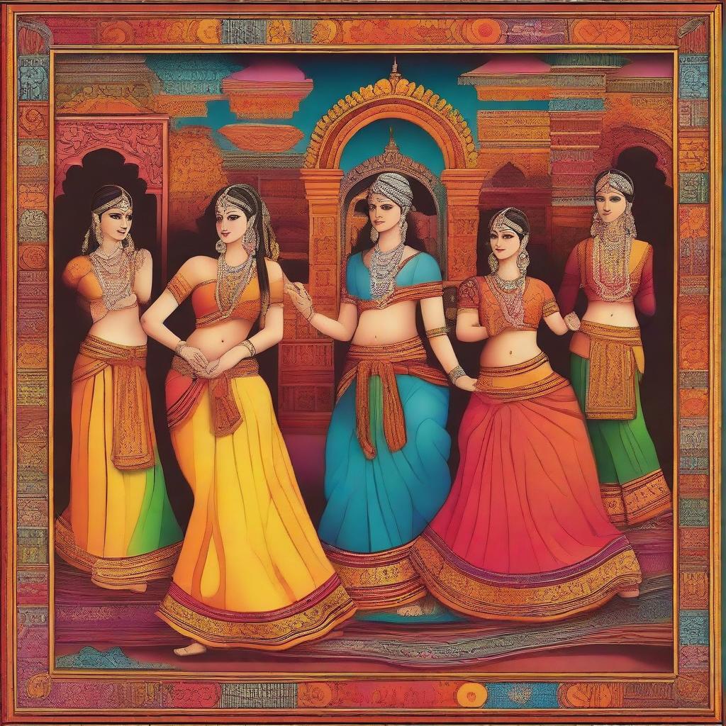 A vibrant and colorful depiction of traditional Indian culture, featuring people in traditional attire, intricate patterns, and elements like spices, festivals, and dance