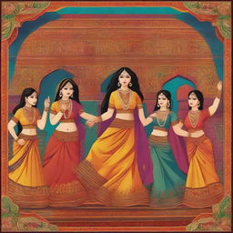 A vibrant and colorful depiction of traditional Indian culture, featuring people in traditional attire, intricate patterns, and elements like spices, festivals, and dance