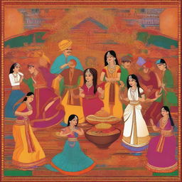 A vibrant and colorful depiction of traditional Indian culture, featuring people in traditional attire, intricate patterns, and elements like spices, festivals, and dance