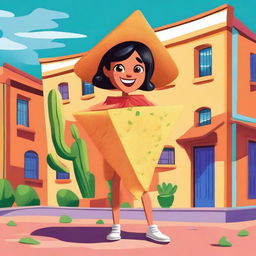 A full body illustration of a cartoon-style female tortilla chip named Chilakelly, who lives in a world made out of Mexican traditional food and ingredients