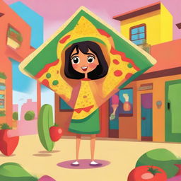 A full body illustration of a cartoon-style female tortilla chip named Chilakelly, who lives in a world made out of Mexican traditional food and ingredients