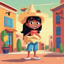 A full body illustration of a cartoon-style female tortilla chip named Chilakelly, who lives in a world made out of Mexican traditional food and ingredients