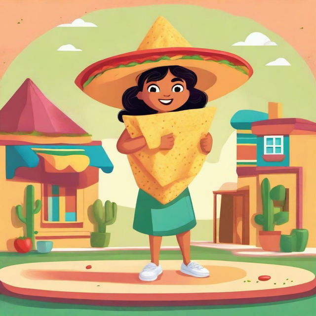 A full body illustration of a cartoon-style female tortilla chip named Chilakelly, who lives in a world made out of Mexican traditional food and ingredients