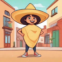 A full body illustration of a cartoon-style female tortilla chip named Chilakelly, who is an actual tortilla chip, not a human