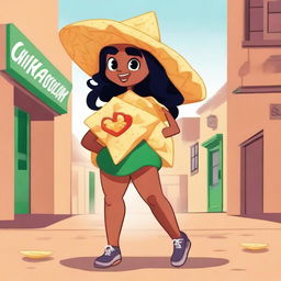 A full body illustration of a cartoon-style female tortilla chip named Chilakelly, who is an actual tortilla chip, not a human