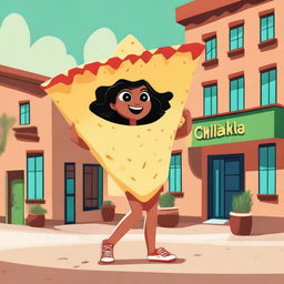 A full body illustration of a cartoon-style female tortilla chip named Chilakelly, who is an actual tortilla chip, not a human