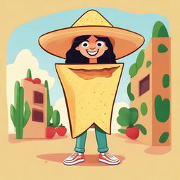 A full body illustration of a cartoon-style female tortilla chip named Chilakelly, who is an actual tortilla chip, not a human