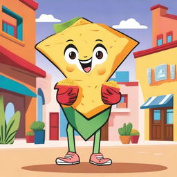 A full body illustration of a cartoon-style female tortilla chip named Chilakelly, who is an actual tortilla chip