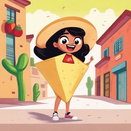 A full body illustration of a cartoon-style female tortilla chip named Chilakelly, who is an actual tortilla chip