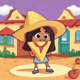 A full body illustration of a cartoon-style female tortilla chip named Chilakelly, who is an actual tortilla chip