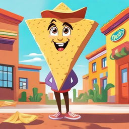 A full body illustration of a cartoon-style female tortilla chip named Chilakelly, who is an actual tortilla chip