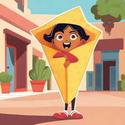 A full body illustration of a cartoon-style female tortilla chip named Chilakelly, who is unmistakably a tortilla chip with chip-like texture, edges, and color