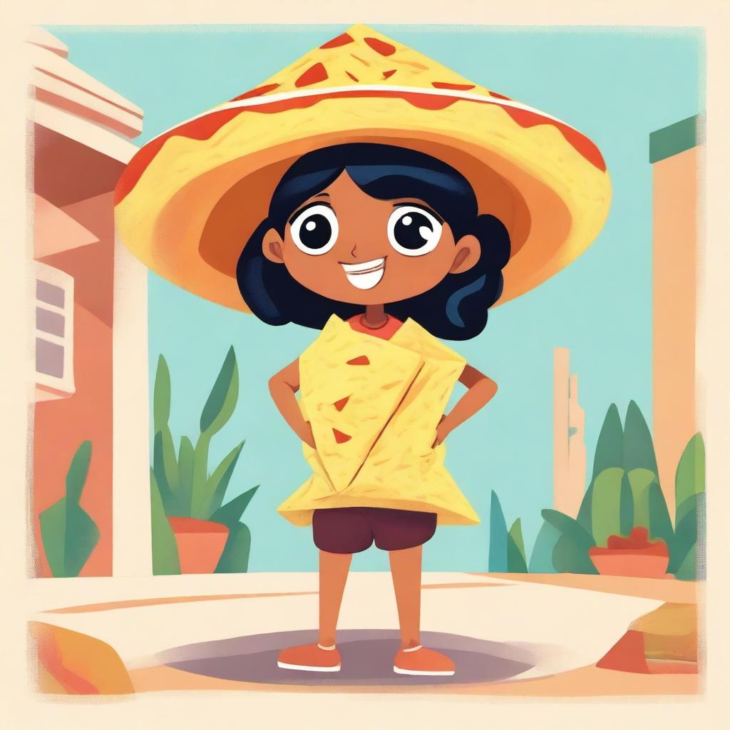 A full body illustration of a cartoon-style female tortilla chip named Chilakelly, who is unmistakably a tortilla chip with chip-like texture, edges, and color