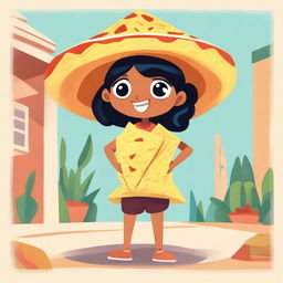 A full body illustration of a cartoon-style female tortilla chip named Chilakelly, who is unmistakably a tortilla chip with chip-like texture, edges, and color