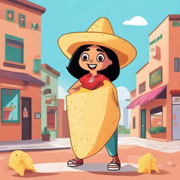 A full body illustration of a cartoon-style female tortilla chip named Chilakelly, who is unmistakably a tortilla chip with chip-like texture, edges, and color