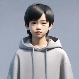 A 13-year-old Chinese boy with black hair and small eyes, wearing a gray hoodie