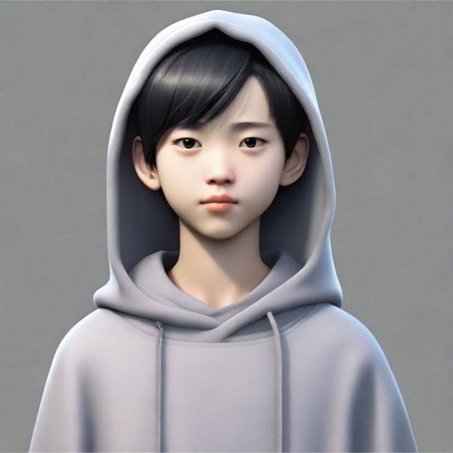 A 13-year-old Chinese boy with black hair and small eyes, wearing a gray hoodie