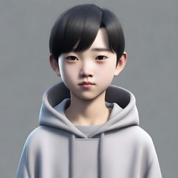 A 13-year-old Chinese boy with black hair and small eyes, wearing a gray hoodie