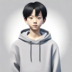 A 13-year-old Chinese boy with black hair and small eyes, wearing a gray hoodie