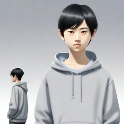 A 13-year-old Chinese boy with black hair and small eyes, wearing a gray hoodie