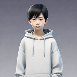 A 13-year-old Chinese boy with black hair and small eyes, wearing a gray hoodie