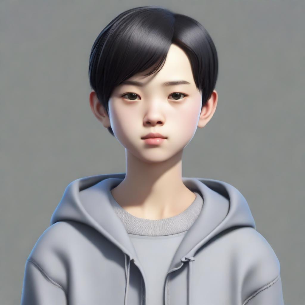 A 13-year-old Chinese boy with black hair and small eyes, wearing a gray hoodie