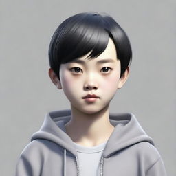 A 13-year-old Chinese boy with black hair and small eyes, wearing a gray hoodie