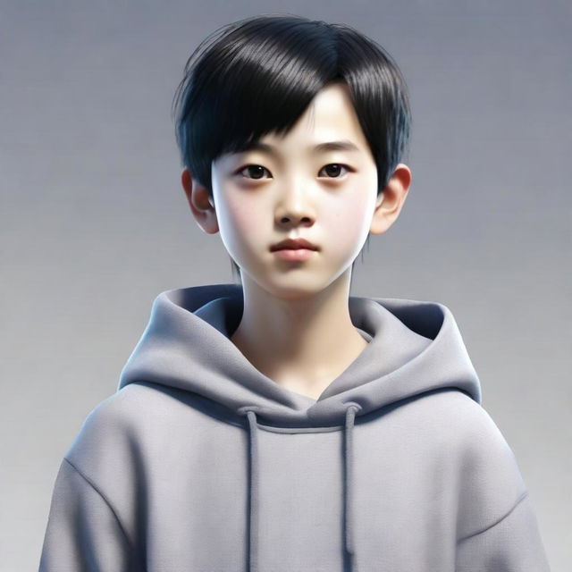 A 13-year-old Chinese boy with short black hair and small eyes, wearing a gray hoodie