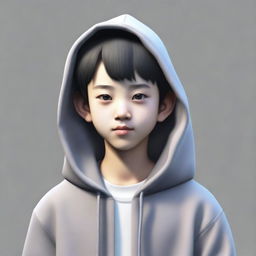 A 13-year-old Chinese boy with short black hair and small eyes, wearing a gray hoodie