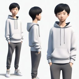 A 13-year-old Chinese boy with short black hair and small eyes, wearing a gray hoodie