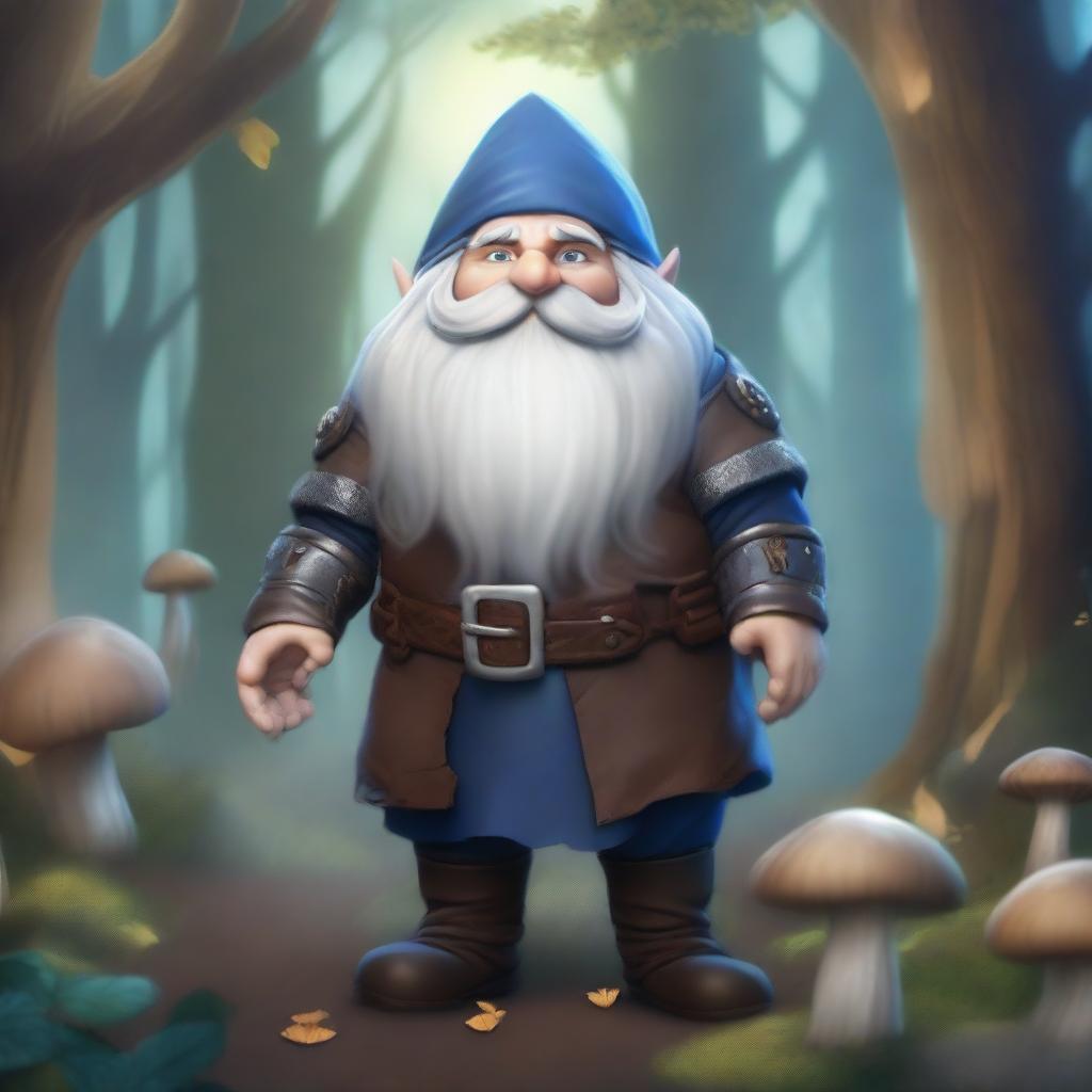 A short, tubby gnome dressed in leather armor and long furs, with long grey hair that is bald on top and blue eyes