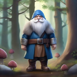 A short, tubby gnome dressed in leather armor and long furs, with long grey hair that is bald on top and blue eyes